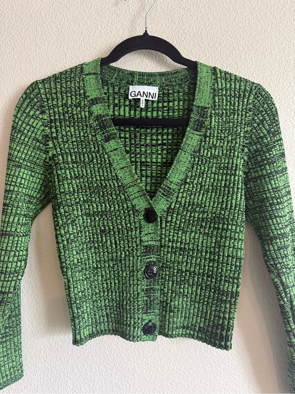 Ganni Green Ribbed V‑Neck Button Cardigan with Black Buttons